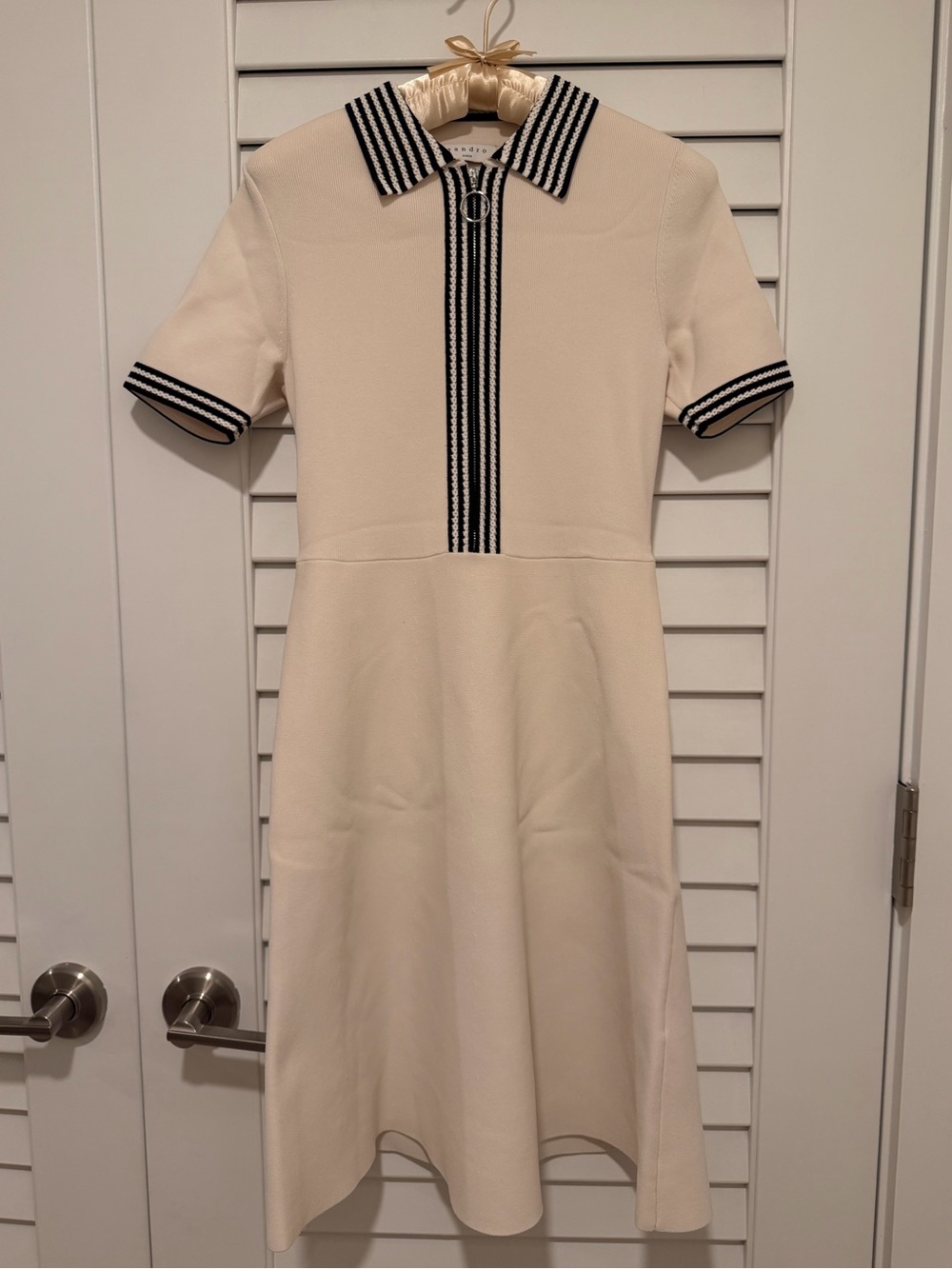 Sandro Cream Short-Sleeve Polo Knit Dress with Black Trim
